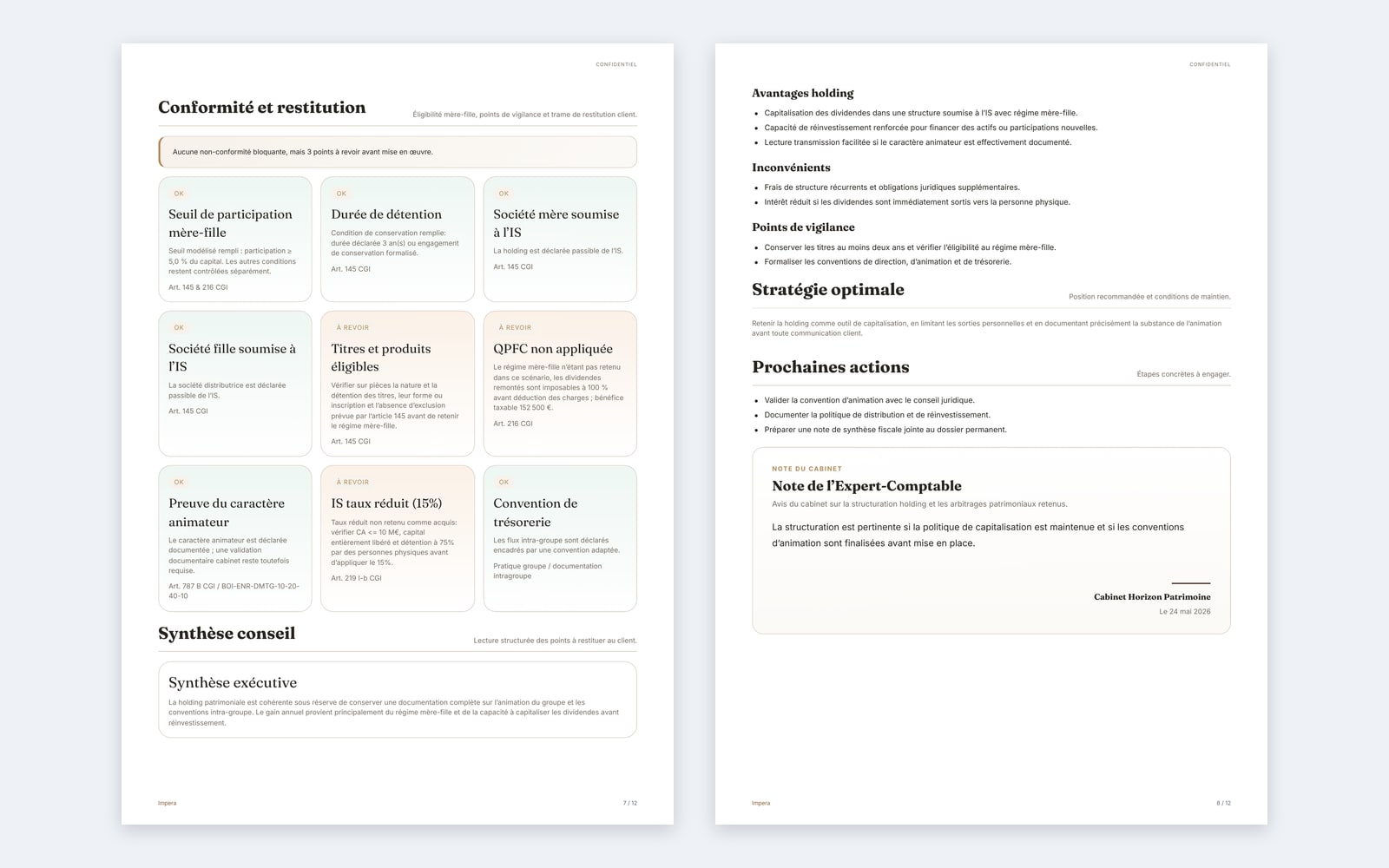 Holding Patrimoniale : Rapport PDF : conformité et prochaines actions