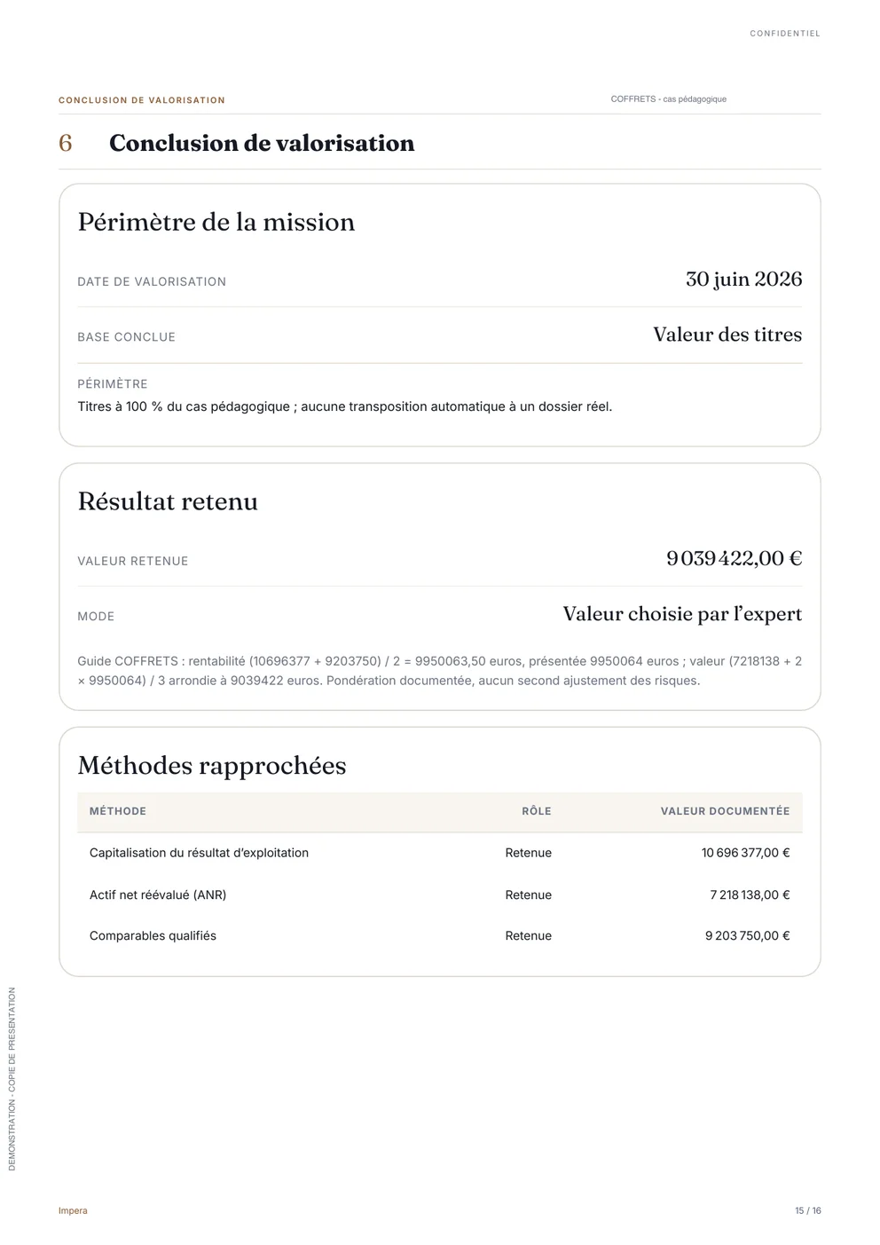 Page 15 du rapport COFFRETS : valeur des titres retenue de 9 039 422 euros et tableau des trois méthodes rapprochées.