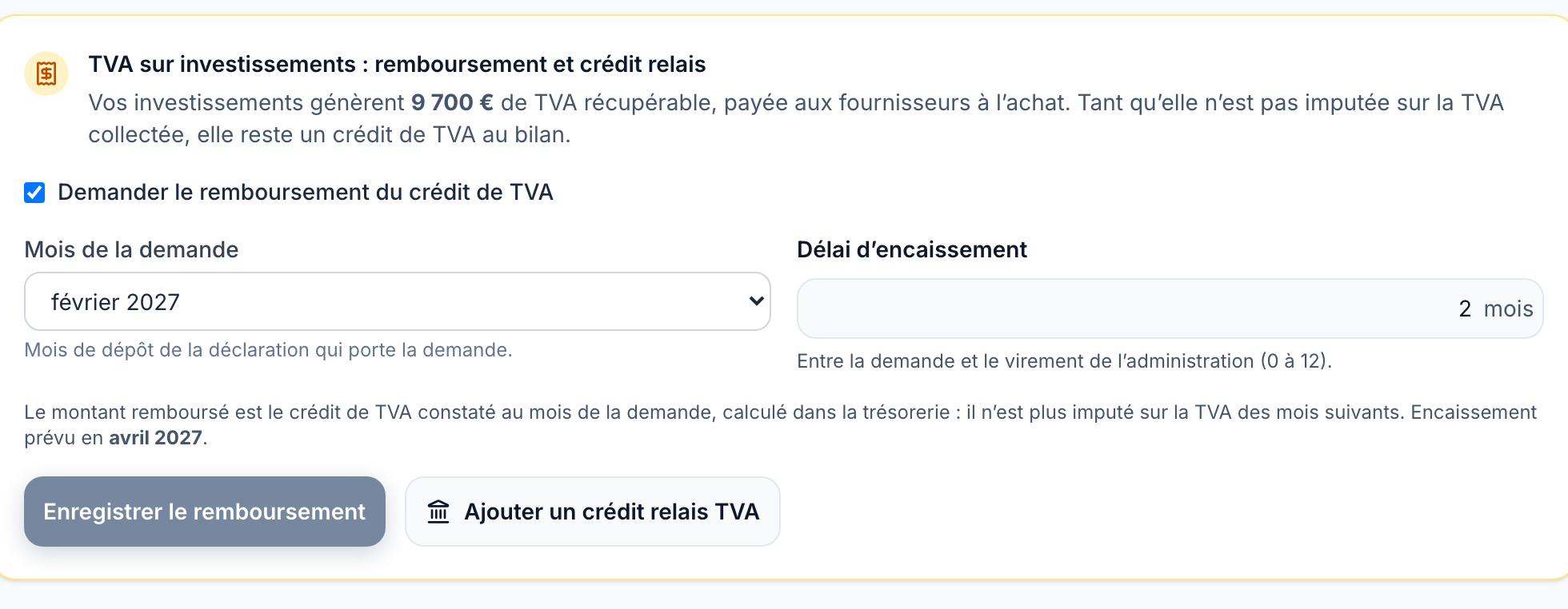 L’encadré de la page Financement : 9 700 € de TVA récupérable, demande en février 2027, encaissement prévu en avril 2027